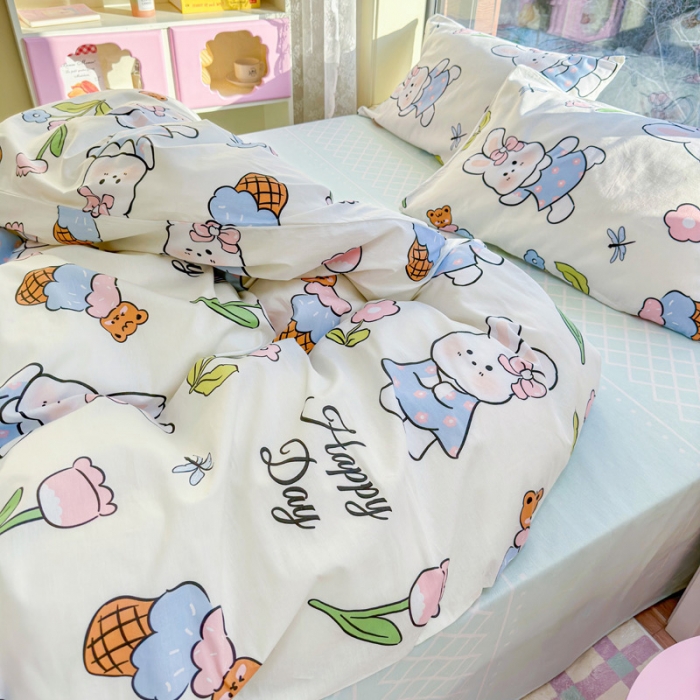 91家纺网 家纺一手货源 找家纺 花伞 2023直播新款40支高密全棉纯棉小清新四件套 蜻蜓和兔