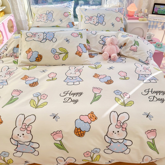 91家纺网 家纺一手货源 找家纺 花伞 2023直播新款40支高密全棉纯棉小清新四件套 蜻蜓和兔