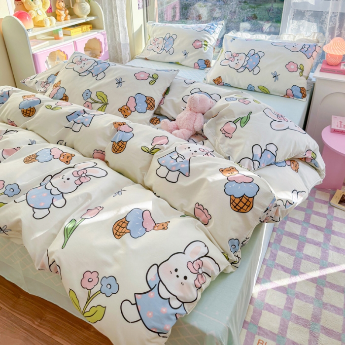 91家纺网 家纺一手货源 找家纺 花伞 2023直播新款40支高密全棉纯棉小清新四件套 蜻蜓和兔