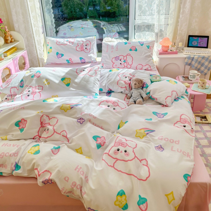 91家纺网 家纺一手货源 找家纺 花伞 2023直播新款40支高密全棉纯棉小清新四件套 流行兔