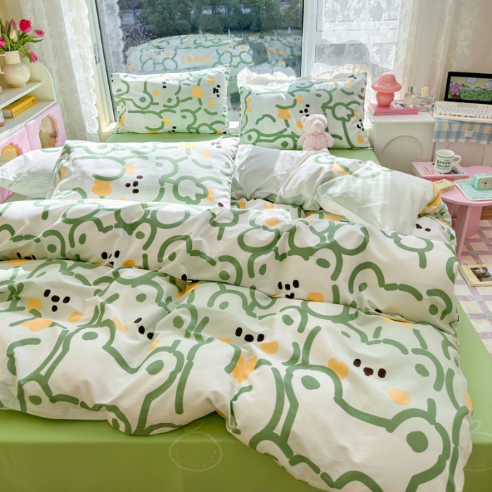 91家纺网 家纺一手货源 找家纺 花伞 2023直播新款40支高密全棉纯棉小清新四件套 绿色小熊