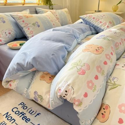 91家纺网 家纺一手货源 找家纺 蓝邻 2023新款全棉印花小清新系列四件套 萌兔小花