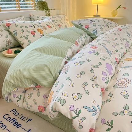 91家纺网 家纺一手货源 找家纺 蓝邻 2023新款全棉印花小清新系列四件套 米莱