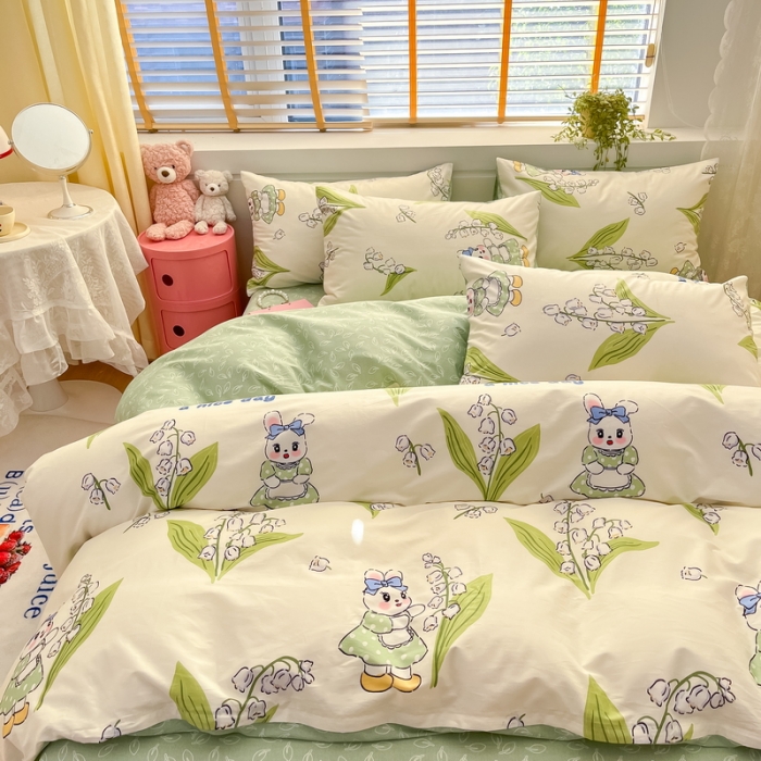 91家纺网 家纺一手货源 找家纺 蓝邻 2023新款全棉印花小清新系列四件套 铃兰兔