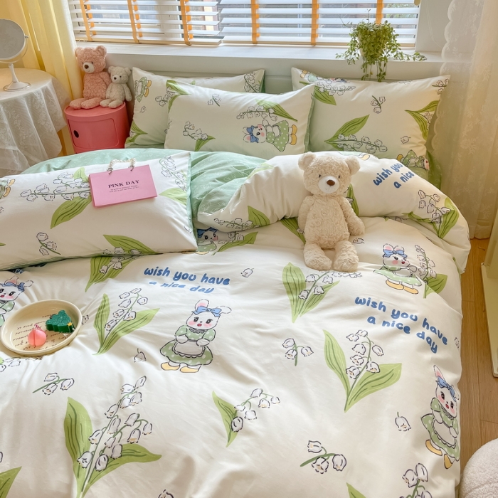 91家纺网 家纺一手货源 找家纺 蓝邻 2023新款全棉印花小清新系列四件套 铃兰兔