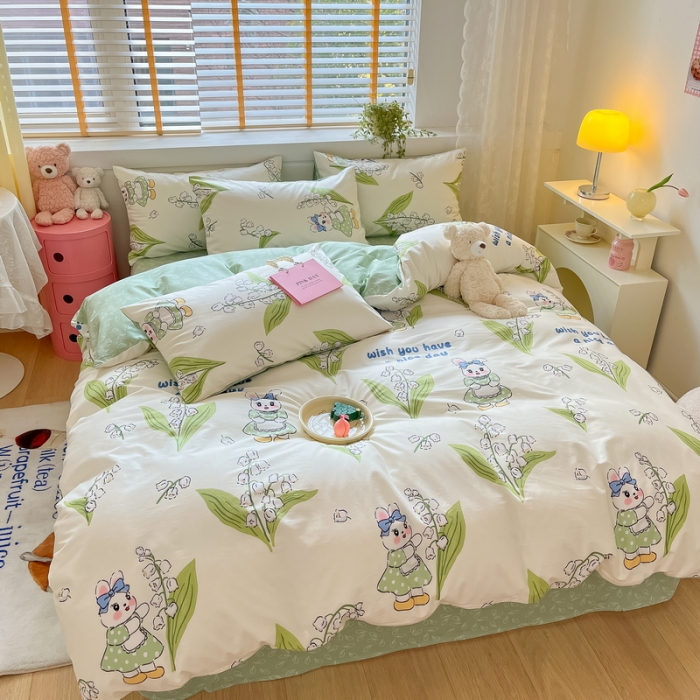 91家纺网 家纺一手货源 找家纺 蓝邻 2023新款全棉印花小清新系列四件套 铃兰兔