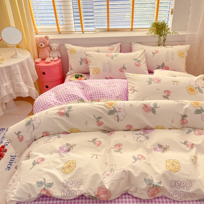 91家纺网 家纺一手货源 找家纺 蓝邻 2023新款全棉印花小清新系列四件套 落苏