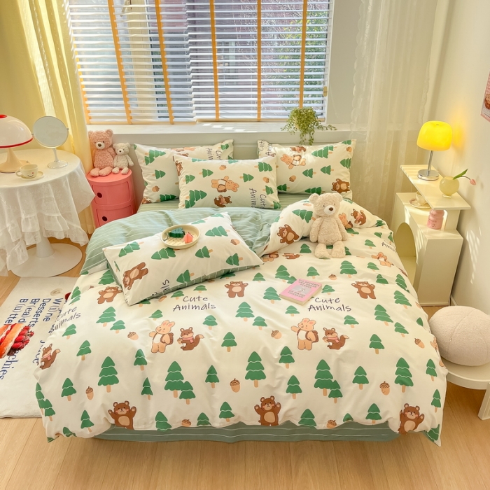 91家纺网 家纺一手货源 找家纺 蓝邻 2023新款全棉印花小清新系列四件套 绿树熊