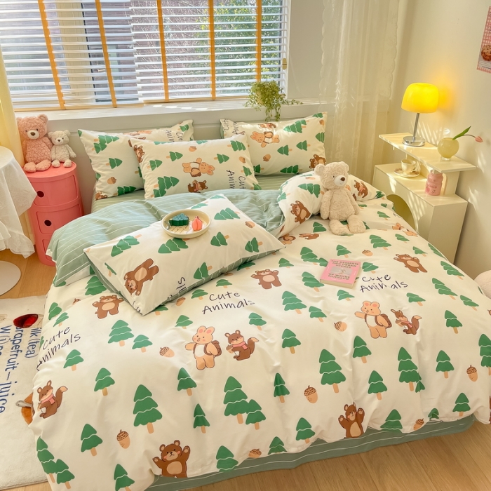 91家纺网 家纺一手货源 找家纺 蓝邻 2023新款全棉印花小清新系列四件套 绿树熊