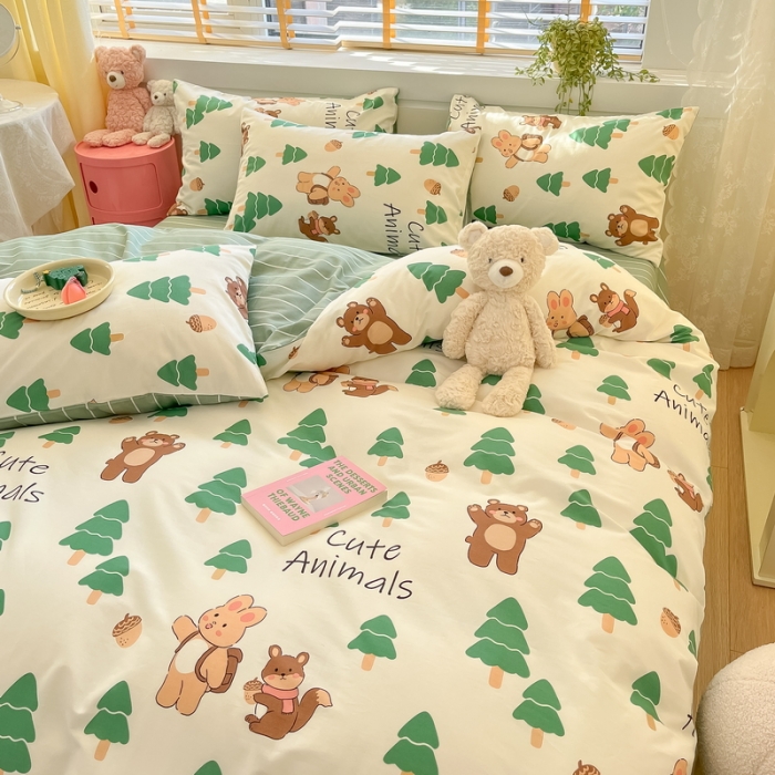 91家纺网 家纺一手货源 找家纺 蓝邻 2023新款全棉印花小清新系列四件套 绿树熊