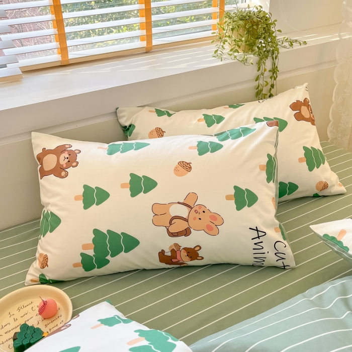 91家纺网 家纺一手货源 找家纺 蓝邻 2023新款全棉印花小清新系列四件套 绿树熊