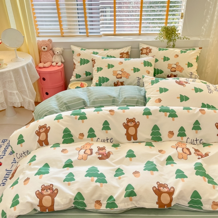 91家纺网 家纺一手货源 找家纺 蓝邻 2023新款全棉印花小清新系列四件套 绿树熊