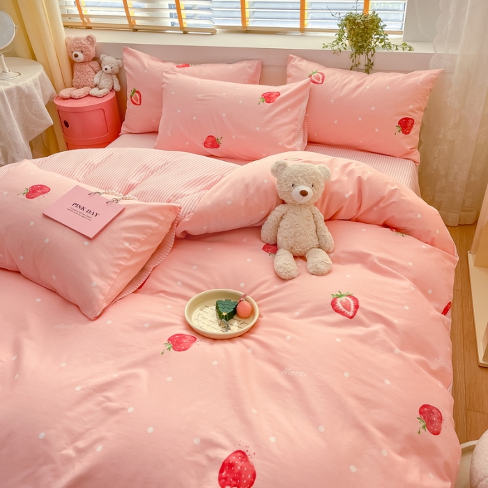 91家纺网 家纺一手货源 找家纺 蓝邻 2023新款全棉印花小清新系列四件套 莓妮