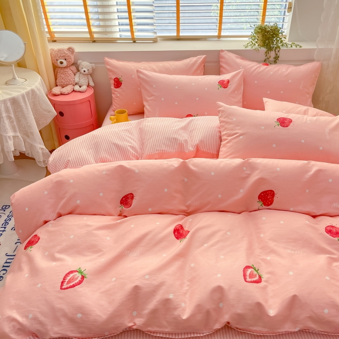 91家纺网 家纺一手货源 找家纺 蓝邻 2023新款全棉印花小清新系列四件套 莓妮