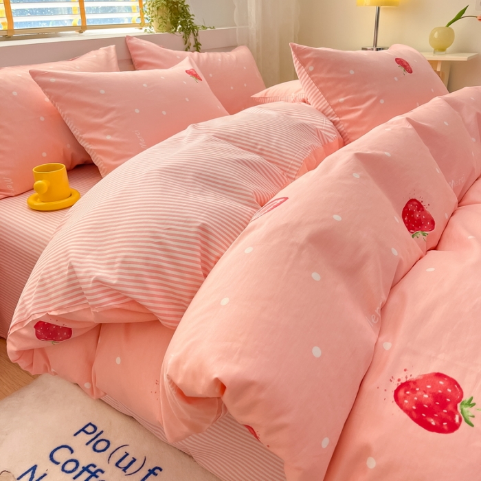 91家纺网 家纺一手货源 找家纺 蓝邻 2023新款全棉印花小清新系列四件套 莓妮