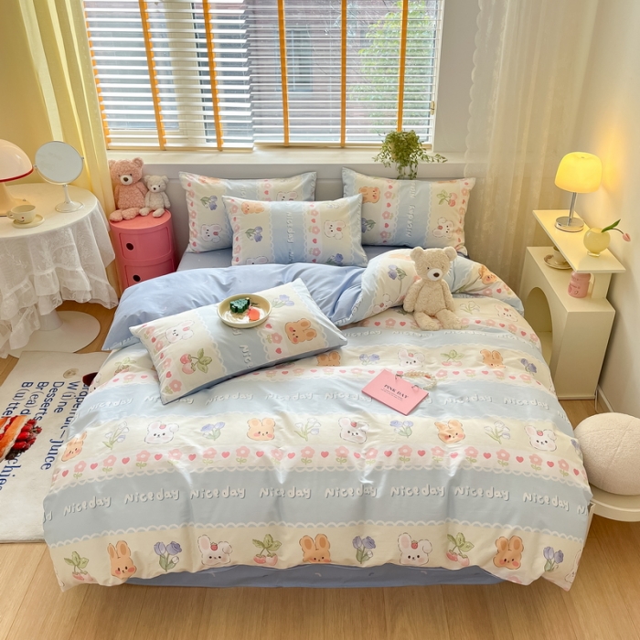 91家纺网 家纺一手货源 找家纺 蓝邻 2023新款全棉印花小清新系列四件套 萌兔小花
