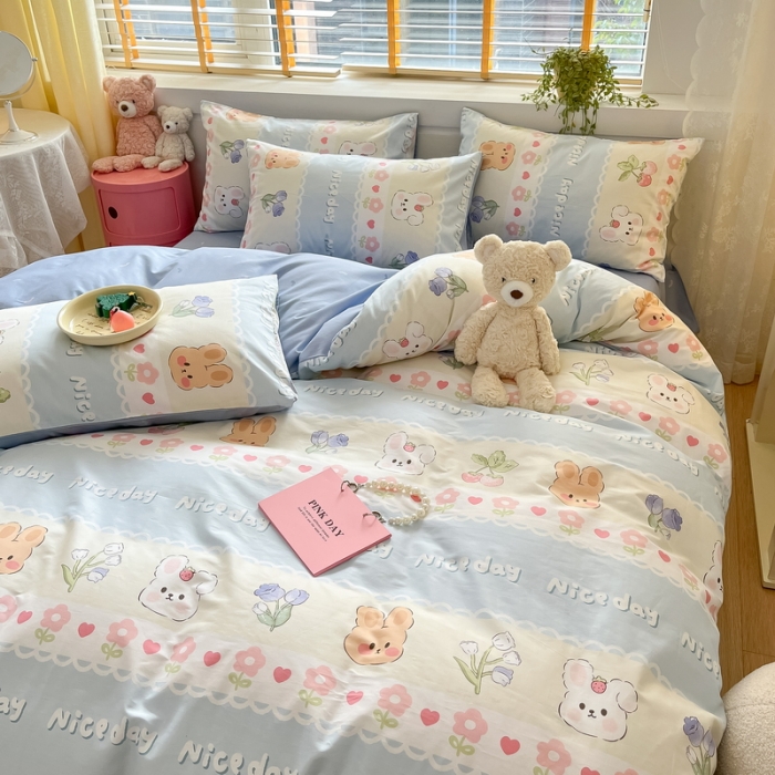 91家纺网 家纺一手货源 找家纺 蓝邻 2023新款全棉印花小清新系列四件套 萌兔小花