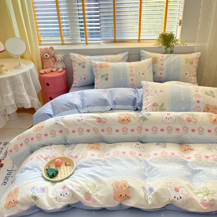 91家纺网 家纺一手货源 找家纺 蓝邻 2023新款全棉印花小清新系列四件套 萌兔小花