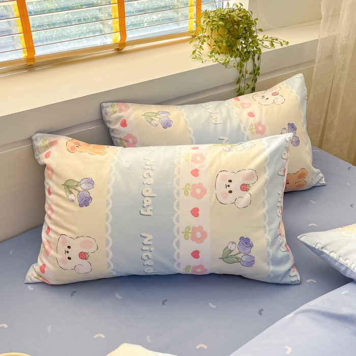 91家纺网 家纺一手货源 找家纺 蓝邻 2023新款全棉印花小清新系列四件套 萌兔小花