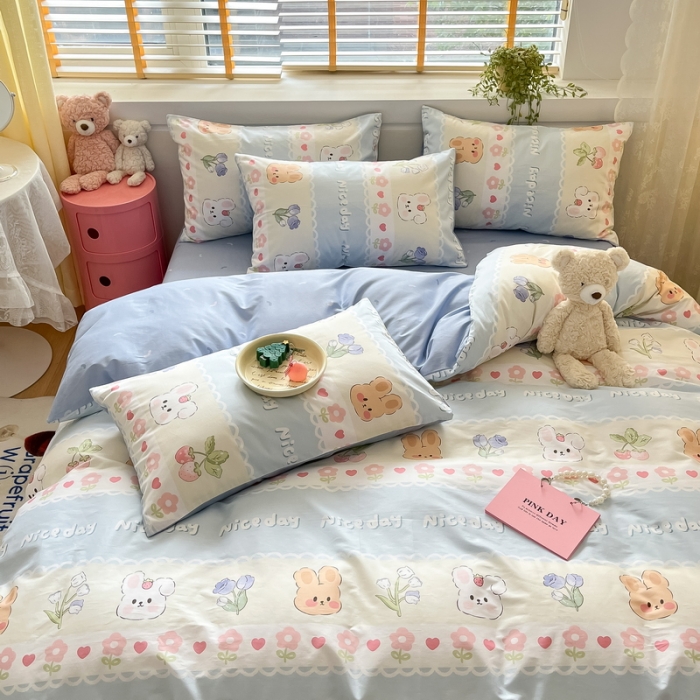 91家纺网 家纺一手货源 找家纺 蓝邻 2023新款全棉印花小清新系列四件套 萌兔小花