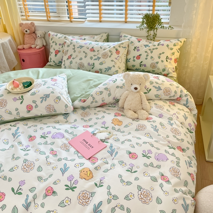 91家纺网 家纺一手货源 找家纺 蓝邻 2023新款全棉印花小清新系列四件套 米莱