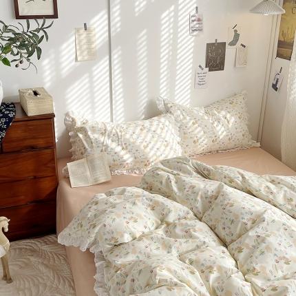 91家纺网 家纺一手货源 找家纺 （总）千朵 2023新款小清新蕾丝花边全棉纯棉四件套