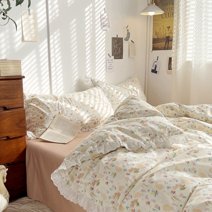 91家纺网 家纺一手货源 找家纺 （总）千朵 2023新款小清新蕾丝花边全棉纯棉四件套