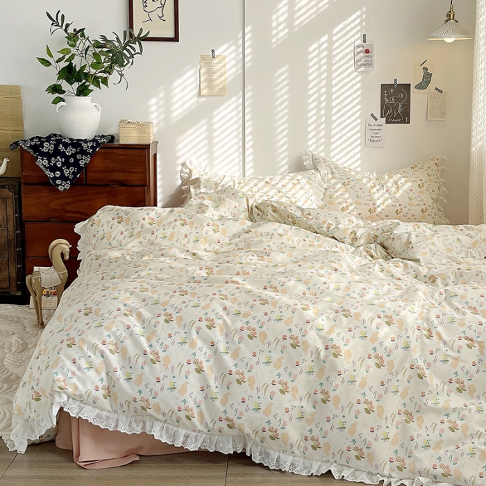 91家纺网 家纺一手货源 找家纺 （总）千朵 2023新款小清新蕾丝花边全棉纯棉四件套