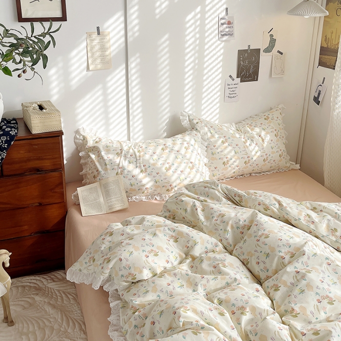 91家纺网 家纺一手货源 找家纺 （总）千朵 2023新款小清新蕾丝花边全棉纯棉四件套