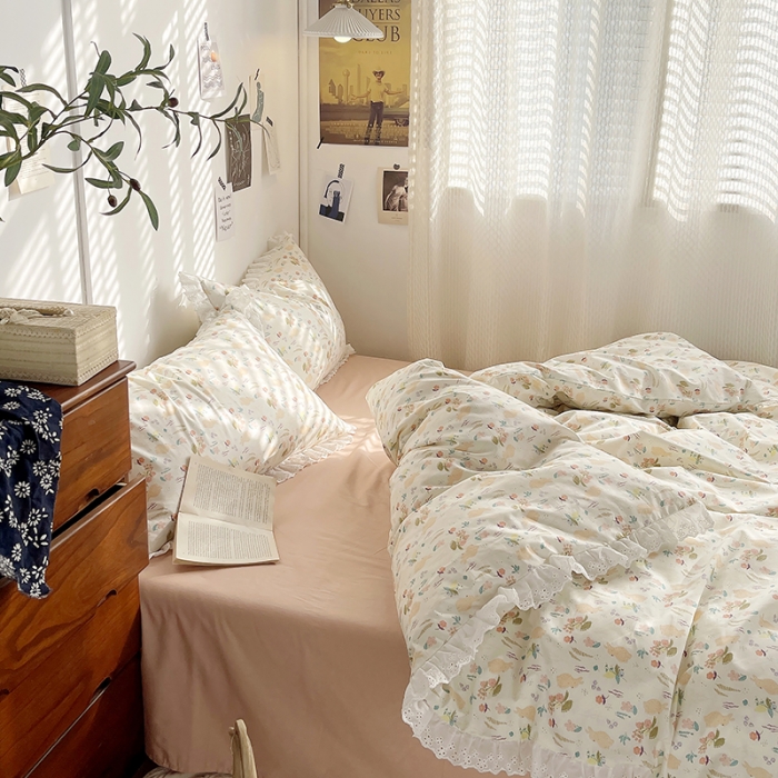 91家纺网 家纺一手货源 找家纺 （总）千朵 2023新款小清新蕾丝花边全棉纯棉四件套