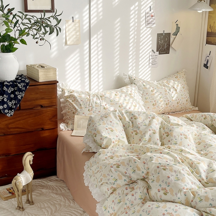 91家纺网 家纺一手货源 找家纺 千朵 2023新款蕾丝花边四件套 花间小兔