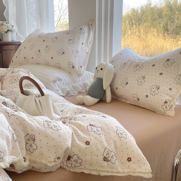 91家纺网 家纺一手货源 找家纺 千朵 2023新款双层纱四件套 贝贝熊