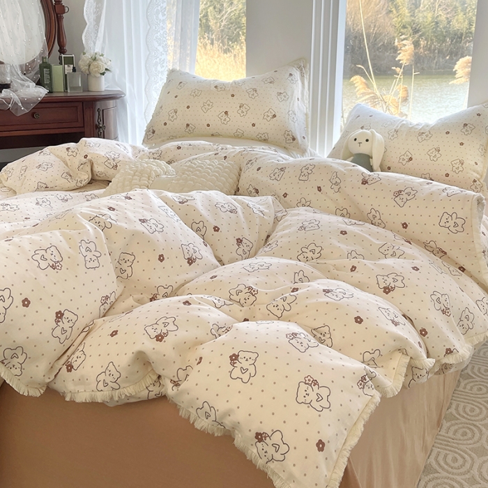 91家纺网 家纺一手货源 找家纺 千朵 2023新款双层纱四件套 贝贝熊