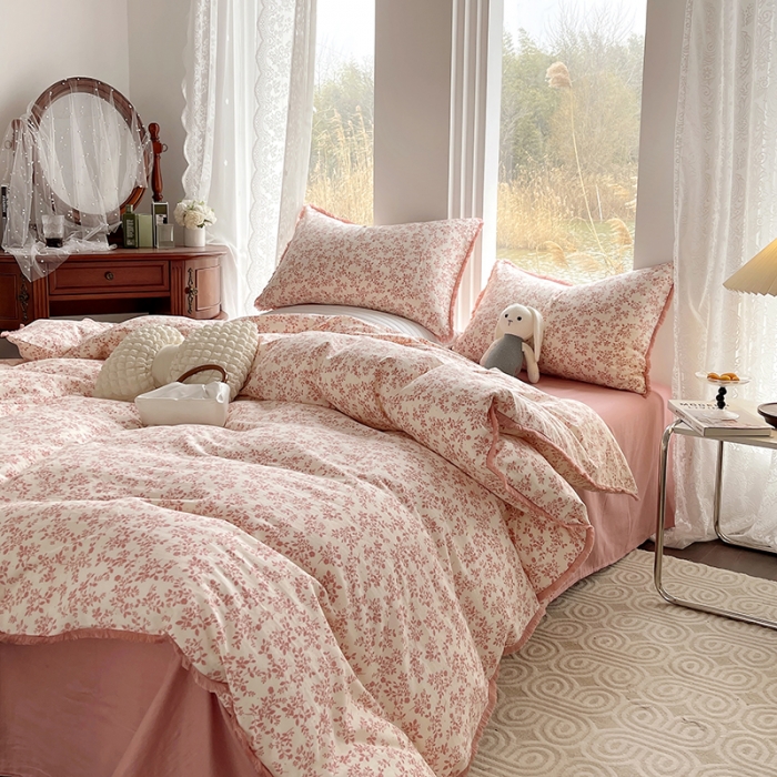 91家纺网 家纺一手货源 找家纺 千朵 2023新款双层纱四件套 小香粉