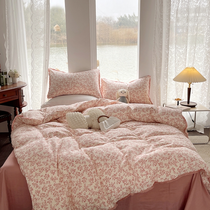 91家纺网 家纺一手货源 找家纺 千朵 2023新款双层纱四件套 小香粉