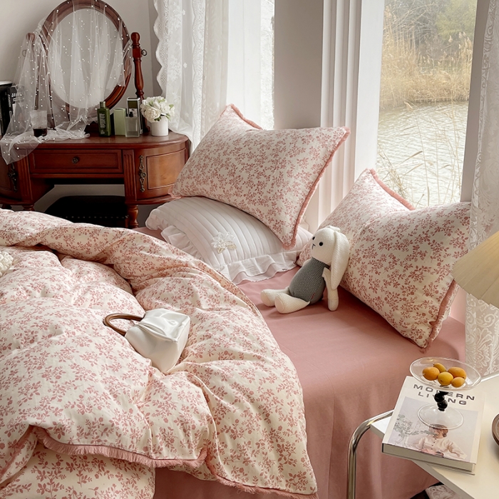 91家纺网 家纺一手货源 找家纺 千朵 2023新款双层纱四件套 小香粉