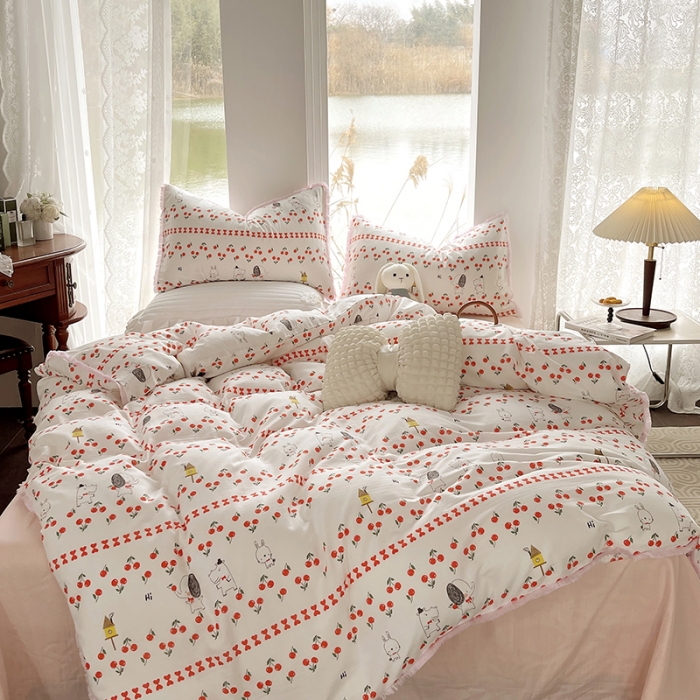 91家纺网 家纺一手货源 找家纺 千朵 2023新款双层纱四件套 樱桃园