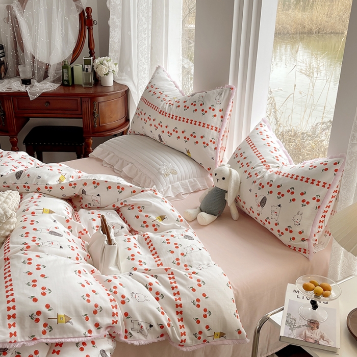 91家纺网 家纺一手货源 找家纺 千朵 2023新款双层纱四件套 樱桃园