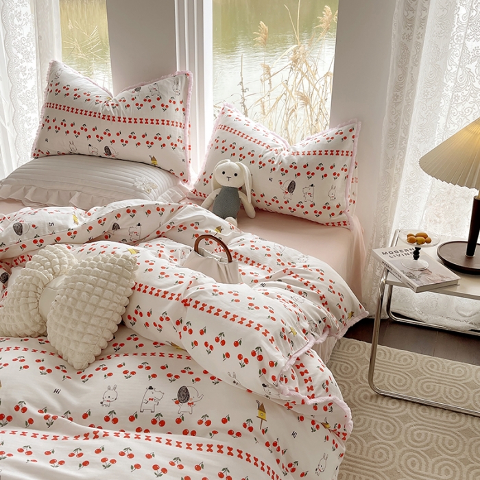 91家纺网 家纺一手货源 找家纺 千朵 2023新款双层纱四件套 樱桃园