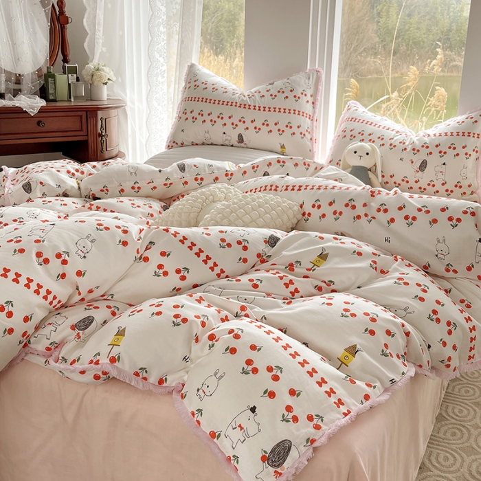 91家纺网 家纺一手货源 找家纺 千朵 2023新款双层纱四件套 樱桃园