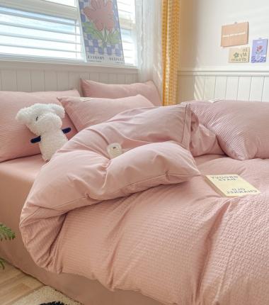 91家纺网 家纺一手货源 找家纺 玉海棠家纺 2023新款A类水洗棉华夫格四件套 泡芙格-管彤色