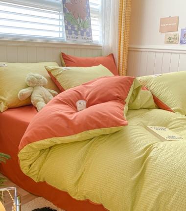91家纺网 家纺一手货源 找家纺 玉海棠家纺 2023新款A类水洗棉华夫格四件套 泡芙格-黄绿橙