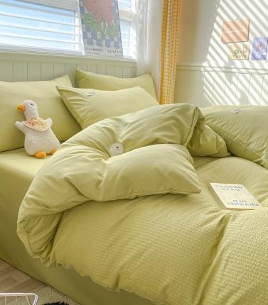 91家纺网 家纺一手货源 找家纺 玉海棠家纺 2023新款A类水洗棉华夫格四件套 泡芙格-黄绿色