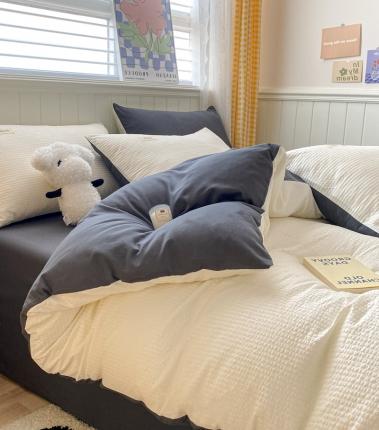 91家纺网 家纺一手货源 找家纺 玉海棠家纺 2023新款A类水洗棉华夫格四件套 泡芙格-奶白灰