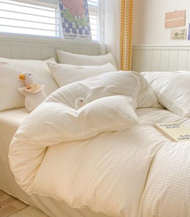 91家纺网 家纺一手货源 找家纺 玉海棠家纺 2023新款A类水洗棉华夫格四件套 泡芙格-奶白色
