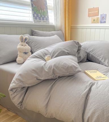 91家纺网 家纺一手货源 找家纺 玉海棠家纺 2023新款A类水洗棉华夫格四件套 泡芙格-浅灰色