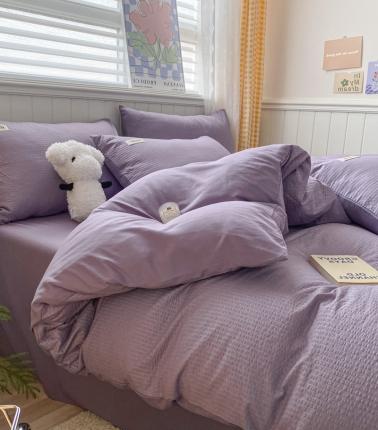 91家纺网 家纺一手货源 找家纺 玉海棠家纺 2023新款A类水洗棉华夫格四件套 泡芙格-浅紫色