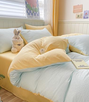 91家纺网 家纺一手货源 找家纺 玉海棠家纺 2023新款A类水洗棉华夫格四件套 泡芙格-星兰黄