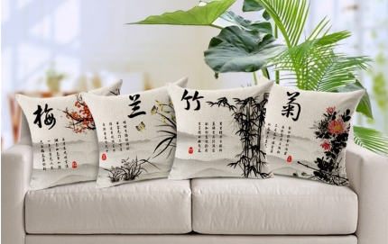 91家纺网 家纺一手货源 找家纺 中国风棉麻抱枕-梅兰竹菊系列