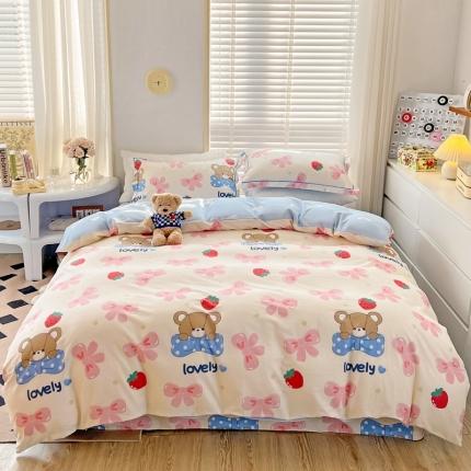 91家纺网 家纺一手货源 找家纺 乐童家纺 2024新款网红直播爆款吊边＋一字绣工艺款四件套-第四波 可爱小熊